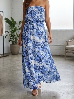 AQUA Strapless Chiffon Medallion Printed Maxi Dress XS